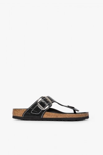 BIRKENSTOCK + STAUD GIZEH SANDAL | BLACK CROC EMBOSSED